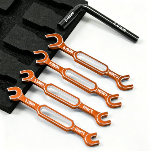 4pcs RC Turnbuckle Wrench 3.0/3.2/3.5/3.7/4.0/5.0/5.5/6.0mm Nut Ball Joint Remover with Thin Hex Nut Driver 4mm & 5mm, RC Repair Tool for RC Crawler Car Boat Upgrade Parts, Orange & Silver