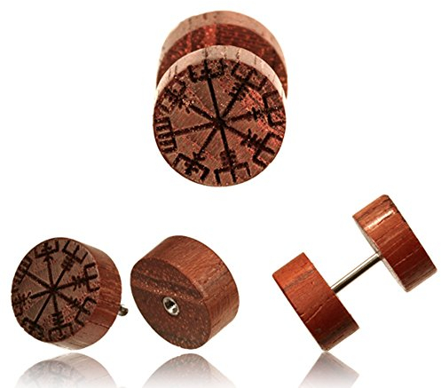 CHICNET® Faux plug en bois Vegvisir - En acier inoxydable - Gravure en bois - Boussole viking - Unisexe - Pour hommes et femmes - Boucles d'oreilles de Viking - Pour femmes et hommes