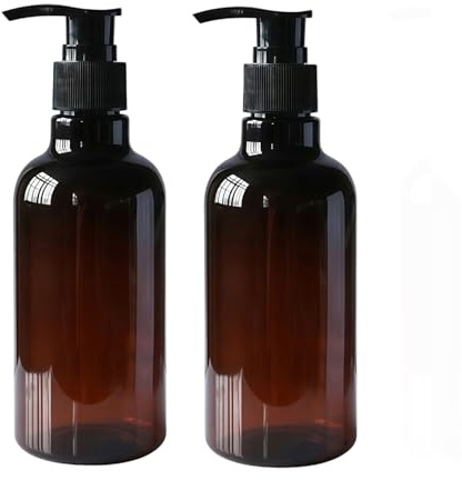 2 flaconi vuoti in plastica color ambra PET da 250 ml, con erogatore di pompa per lozione nera, riutilizzabili, per trucco, cosmetici, doccia, articoli da toeletta