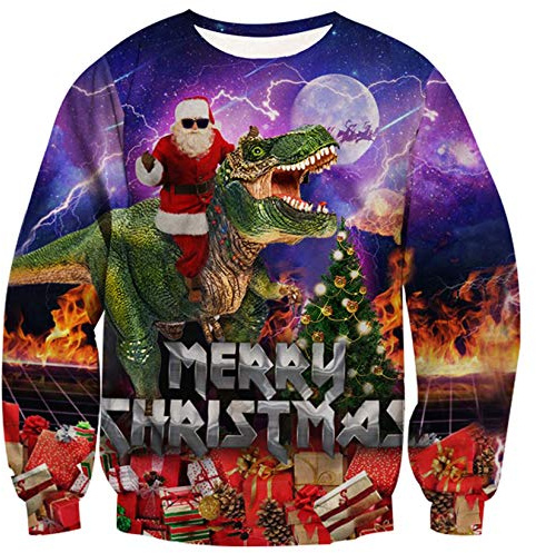 ALISISTER Ful jultröja med 3D-tryck, jultröja, rolig långärmad tröja eller t-shirt för män i storlekarna S till 3XL, Dinosaurie tomte, M