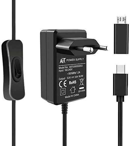GeeekPi for Raspberry Pi 4 18W 5V 3.6A Netzteil,USB C Netzteil mit ON/Off Schalter für Pi4 8GB/ 4GB/ 2GB/ Orange Pi 5 /5B /5 Plus, mit A Micro USB Adapter für Pi 3B+/3B
