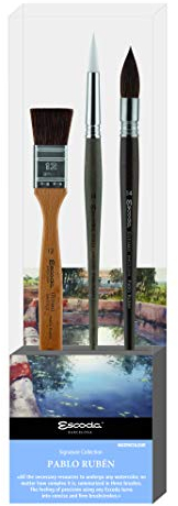Escoda Set 3 Aquarellpinsel - Nr. 12, 14, Rund Spitz Französischer Flachpinselstiel Kunsthaar Pablo Rubén Serie Último Perla Profesionell Handgefertigt in Barcelona., Schwarz, Holzfarbe, Weiß, grau