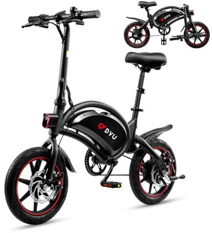 DYU Bicicleta Eléctrica Plegable,14 Pulgadas Portátil Bicicleta Eléctrica,Inteligente E-Bike con Asistencia de Pedal,Altura Ajustable,Portátil Compacta,Unisex Adulto (Negro)
