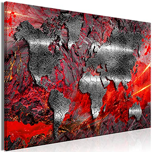 B&D XXL - Wandbilder XXL Weltkarte 120x80 cm 1 tlg - Wand Deko Vlies Leinwand Bilder Groß Wanddeko Wohnzimmer Schlafzimmer Kunstdrucke - Abstrakt Kontinente Landkarte World Map Textur rot silber