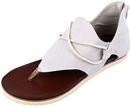 Sandalen Frauen Sommer flach solide lässige Spitze Dekoration Reißverschluss Schuhe (37,4weiß)