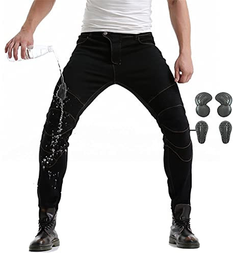 SHUOJIA Pantaloni da Motociclista da Uomo Impermeabili Jeans da Corsa da Motocross con 4 X Ginocchiere (Black,M)
