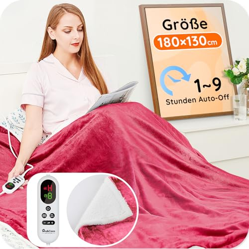 Heizdecke mit Abschaltautomatik, 130x180cm 10 Heizstufen 1~9 Stunden Auto-Off-Timer Überhitzungsschutz, Elektrische Wärmedecke Bett Wärme Decke ETL für Home & Office Schnelle Flanell Waschbar Rot