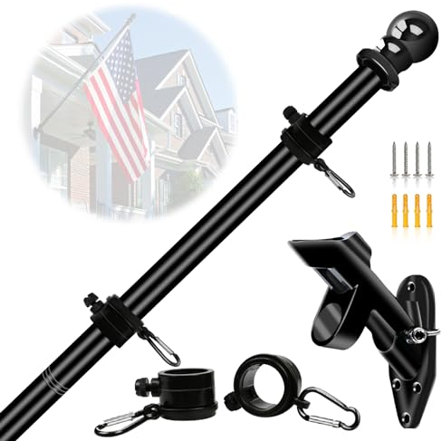 NQ Black Flagpole Kit for Outside House - 6FT Stainless Steel Wall Mounted Flag Poles with Bracket & Flag Mounting Rings for Porch Yard Garden Outdoor Residential or Commercial