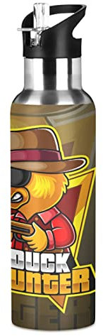 Chasseur De Canard Mignon Cool Isotherme Bouteille d'eau avec Paille, Gourde Sport en Acier Inoxydable 600ML Gourdes sans BPA pour Enfant Garçon Fille École Bureau