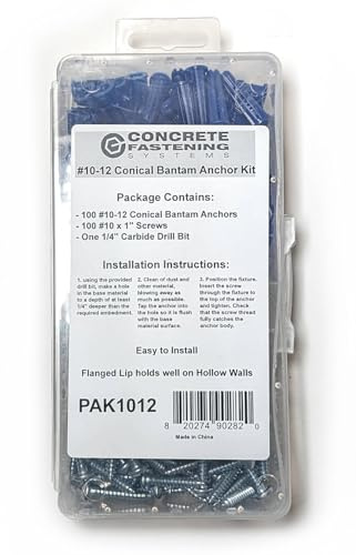 CONFAST® #10-12 Plastic Conical Blue Bantam Drywall Wall Anchor Kit PAK1012, Includes (100) Anchors, (100) Screws and (1) Drill bit (201 Pieces)