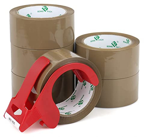 BOMEI PACK Brown Packing Tape with Dispenser, 2.4 Mil 1.88 Inch x 60 Yards, 6 Refills Rolls Packaging Tape for Moving, Shipping and Storage