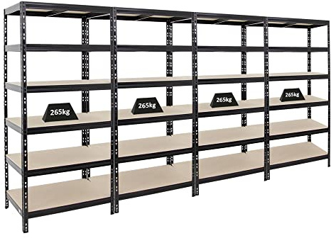 PROREGAL Mega Deal | 4X Schwerlastregal Giant Tiger | HxBxT 200x90x60 cm | Fachlast 265kg | 6-Ebenen | Schwarz |Garagenregal, Lagerregal, Steckregal, Kellerregal, Werkstattregal