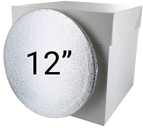 Culpitt 12 Round Silver Cake Drum Board & Tall White Box Combo, 12 x 12 x 12 Inch Square Box and Matching Circle Set for Tiered or Decorated Cake Transport