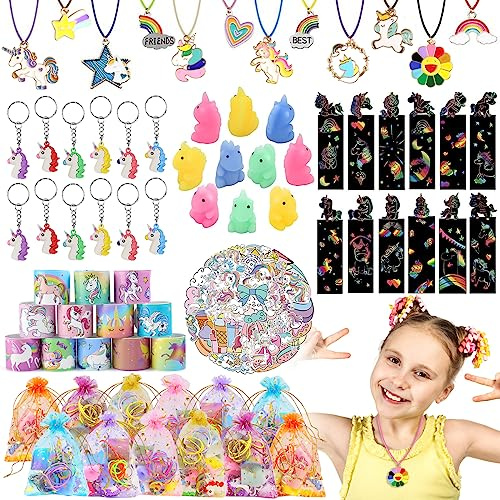BOIKOKY 122 Stück Einhorn Party Mitgebsel Kindergeburtstag Gastgeschenke Mädchen, Einhorn Geburtstagsdeko mit Einhorn Schlüsselanhänger Geschenktüten Mitbringsel Kindergeburtstag Mädchen
