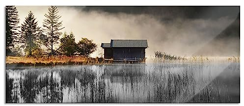 Pixxprint Glasbild Panorama, Wandbild aus Echtglas, Häuschen am See mit Nebel, 120x50 cm, inkl. Aufhängung und Abstandshalter