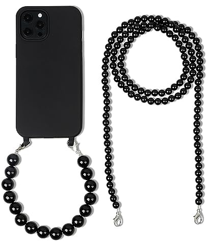 FIFTHAVE Chain Perlen Handykette Handyhülle für iPhone 14 pro max mit Perle Armband,Necklace Hülle mit Kordel Schutzhülle Lanyard Case Pearl Stoßfeste TPU Cover für iPhone 14 pro max 6.7'',Schwarz