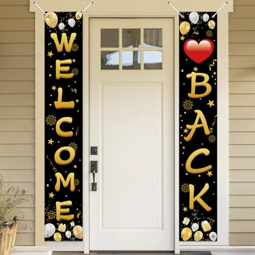 Koliphy Decoracion Welcome Back, Banner Welcome Back, Banner Bienvenida para Celebracion Familiar, Aula, Temporada Escolar, Decoración de Puerta de Fiesta Familiar, 70.8 x 11.8Inch, Oro Negro