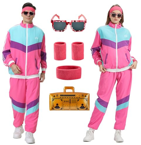 80-tals 90-tals outfit herr dam 80-tals träningsoverall jacka byxor kostym, 80-tals kostym herr med tillbehör, retro joggingdräkt, 80-tals 90-tals kostym kostym par bad knapp outfit för karneval, ROSA