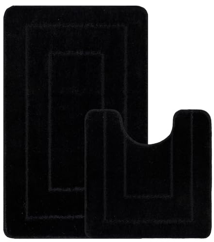 EDS 2 Piece Ichra Bath Mat Set Non Slip Ultra Soft Bathroom Mats Extra Absorbent 100% Polypropylene Toilet Mat Set Washable Toilet Rug Bathroom Accessory (BLACK)