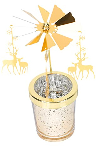 AOKWAWALIY Goldene Heimdekoration, 1 x Weihnachtskerze, Weihnachts-Teelicht, Eisen-Windmühle, drehbare Tür, Kerzenhalter, Weihnachten, Metall, Geschenkständer, Tiermotiv
