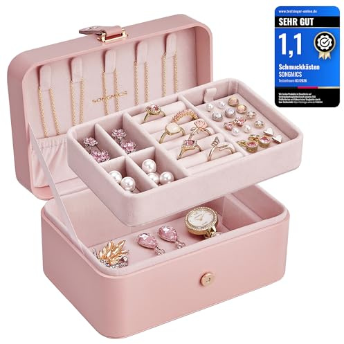 SONGMICS Jewellery Box, 2-Layer Jewellery Storage, 11 x 16 x 8 cm Travel Jewellery Box, Portable Jewellery Case, Small, Spacious, for Larger Accessories, Gift Idea, Jelly Pink JBC166R01