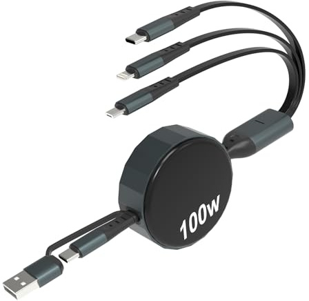 Einziehbares Multi Ladekabel 3 in 1 Schnellladekabel - 100W USB-A/C auf USB-C/Lightning/Micro-USB PD3.0 5A Ladekabel Einziehbar für iPhone 16/15/14/13/12, MacBook, Galaxy, Pixel, Huawei, 40CM-1,2M