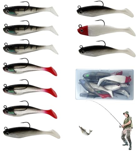 suaywo Gummifiskar 10 stycken fiskebete, set med 1 transparent plastlåda, fiskedrag, jiggädda, bete, set för saltvattenfisk och sötvattenfisk, lämpliga fiskepresenter för män