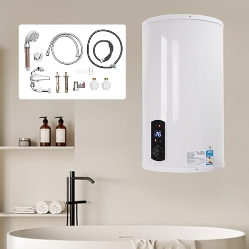 MEELRYD Chauffe-eau électrique de 70 l - 220 V - Montage mural - En acier inoxydable - Avec capacité de stockage de 70 l et température réglable de 25 à 75 °C - Avec robinet et pommeau de douche -