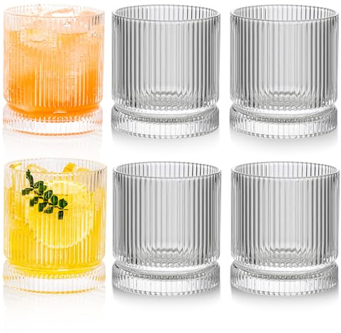 POLIDREAM Ribbed Glasses Set of 6, 13oz Drinking Glasses, Water Tumblers | Vintage ribbed tumblers for water, juice, iced coffee, cocktails and beer; lead-free, dishwasher safe, 6-piece set