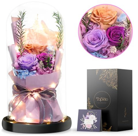 TopVelo Konservierte Blumen Blumenstrauß Lila Konservierte Blumen Blumenstrauß für Sie Frische Blumen Blumenstrauß im Glas Geschenk für Freundin Mutter Frau Geburtstagsgeschenk