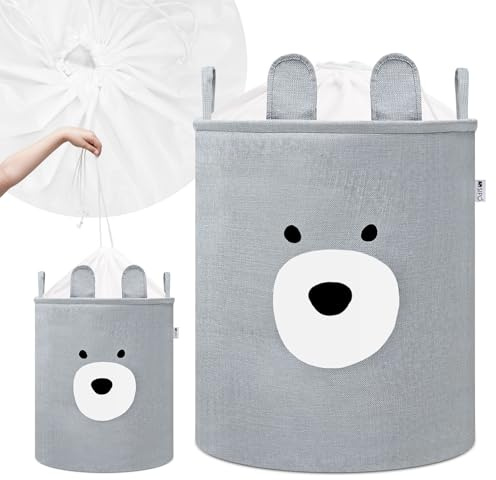 SIPO Aufbewahrungskorb für Spielzeug, Kuscheltiere und Bausteine, Organizer mit Kordelzugverschluss, Premium Groß XXL 63 L Grauer Teddybär, Stabile Tragegriffe