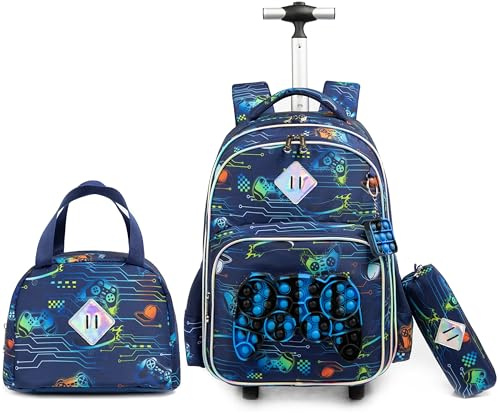 Egchescebo Kids Rolling Gamepad Backpack for Boys Luggage Suitcase With Wheels Trolley Wheeled POP Roller Backpacks for Elementary Travel School Bags 17 3PCS Toy Backpack With Lunch Box Blue