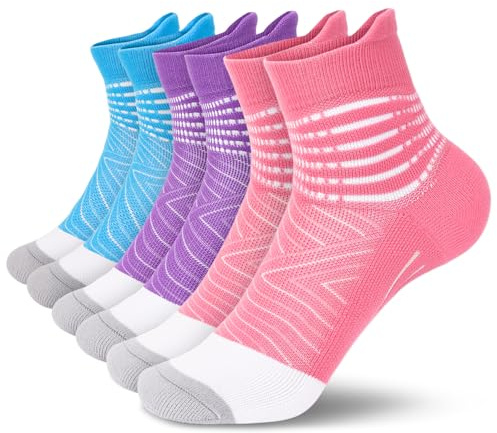 IRAMY Compression Ankle Support Running Socks for Women Men Trainer Wicking 3 Pairs Athletic Cushioned Plantar Fasciitis Socks Pink+Purple+Light Blue M
