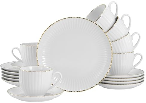 CreaTable, 20751, Serie Allegra Goldband, 18-teiliges Geschirrset für 6 Personen, Kaffeeservice aus Porzellan, Made in Europe