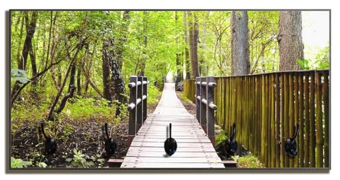 Wallario Wandgarderobe aus Holz in Größe 80 x 40 cm in Premium-Qualität, Motiv: Spaziergang im Wald Holzweg über einen Fluss | 5 Kleiderhaken zum Aufhängen
