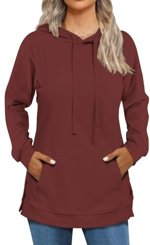 Cuptacc Hoodie Damen Pullover Damen Kapuzenpullover Sweatshirt Mit Kapuze Tasche Seitenschlitze Oberteile Weinrot Größe L 42-44
