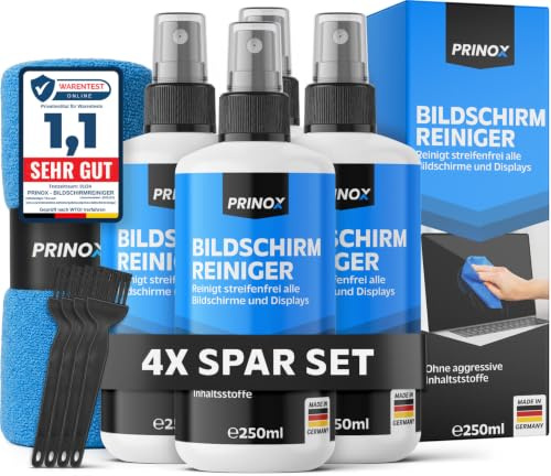 PRINOX 4x Bildschirmreiniger XXL Set [inkl. Mikrofasertuch und Pinsel] - Display Reiniger für Handy, Laptop und TV Displays (LCD, LED, OLED, QLED, TFT) gegen Fettflecken und Fingerabdrücke