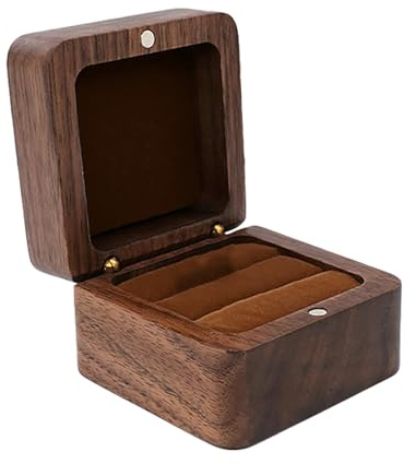 Scatola ad anello in legno - Doppio supporto, design rustico | Scatola in legno massello a quadrato, deposito di anelli vintage per matrimonio, proposta di fidanzamento, souvenir portaanelli