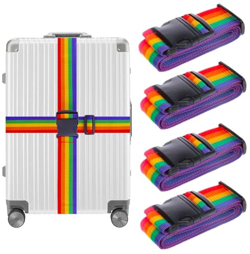 AUMAYCO 4 Stück Koffergurt Set für Reisekoffer kofferband Gurt, Verstellbare kofferbänder mit maximal 200cm Erweiterte, Koffergurt Auffällig für Schnell Erkennen Gepäck Reisetasche Koffer (Regenbogen)