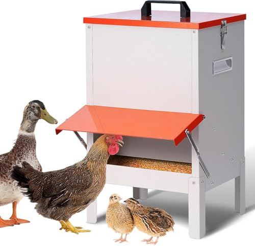 MUYIRTED Comedero Automático para Gallinas con Patas Elevadas, Dispensador de Alimento Metálico de 15KG, para Instalación Colgante, Resistente y Duradero