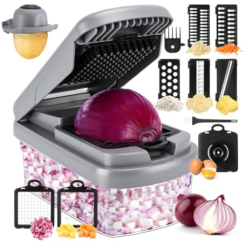 Yusshn Vegetable Chopper, 12-in-1 Food Veggie Chopper Cutter with Container | 7 Sharp Blades Dice, Slice, Shred and Grate for Salads, Onions and Meal Prep, with a Non-Slip Base and Drain Basket
