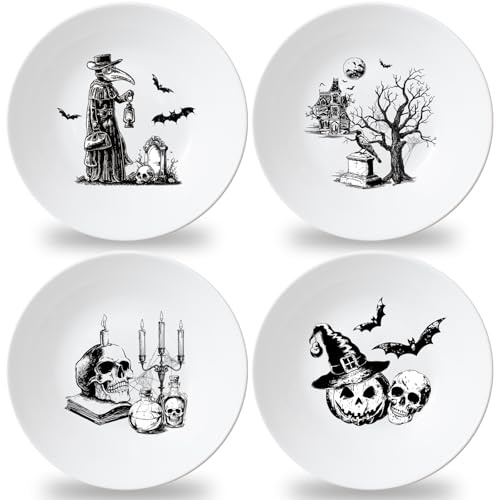 4 Set 10 Inch Halloween Gothic Plates Melamine Halloween Dinnerware Set Reusable Skull Candle Bat Tombstone Crow Melamine Plate Dishwasher for Toddlers Creatively Drop Resistant Cute Plastic Dish