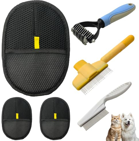 6 Pz per la Cura del Pelo degli Animali Domestici, 3x Guanto Rimuovi Pelo per Cani e Gatti, 3x Spazzola Autopulente con Pettine Anti-Pulci e Pettine Anti-Nodo, Per Divani, Biancheria da Letto, Tappeti