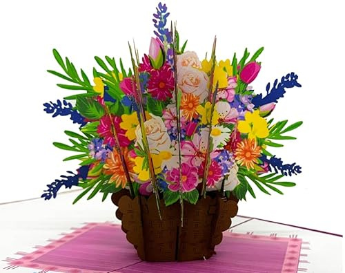 3D Pop Up Karte bunter Blumenkorb – 3D Blumenkarte für Geburtstag, Dankeskarte, Muttertag oder Gute Besserung, Genesungskarte – Grußkarte für Frau, Mama, Oma, Tante, Freundin oder Kollegin