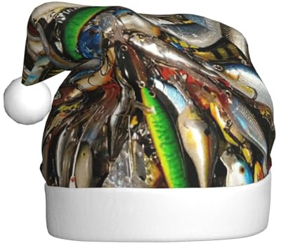 GUOLGP Gorro de Navidad con estampado de cebo de pesca, gorro de Papá Noel, celebraciones, unisex, accesorio de disfraz de fiesta de Navidad