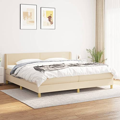 Mokuyary resårsäng med madrass, krämfärgad, 200 x 200 cm, tyg, sängram, säng med ribbotten, plattform, sängram, enkel montering för sovrum, gästrum – L