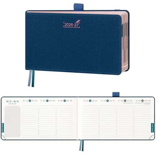 BEZEND Agenda Escolar 2026 2027 Semana Vista Pequeña - Formato Horizontal | 18 Meses de Jul.26 a Dic.27, Agenda Semanal de Bolsillo 16,7 x 9,4 cm, Borde de Oro Rosa, Tapa Dura Cuero PU, Azul Prusia