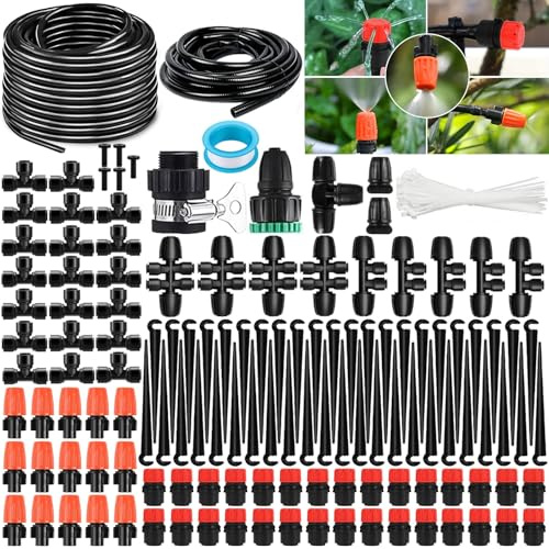 Sistema de riego Jardín, Kit de Riego por Goteo Automático, 50M+15M – Instalación tipo Plug & Play con conexiones rápidas – Boquillas Ajustables y Goteros – Para Jardín, Invernadero, Césped