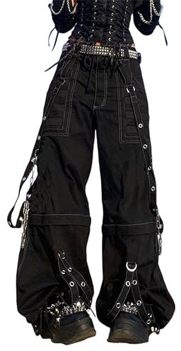 Svuitmsl Women Y2k Gothic Cargo Pants Hip Hop Y2K Punk Harajuku Baggy Jeans Graphic Print High Waisted Wide Leg Trousers (C-Black, L)