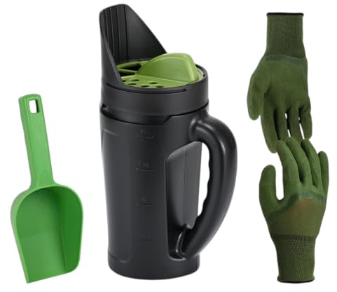 AH Living handhållen fröspridare 2,5 l, justerbar flödeskontroll i 3 storlekar, flera användningsområden för gräsfrö, gödselmedel och issmältning, ergonomisk, lätt trädgårdsverktyg för alla årstider